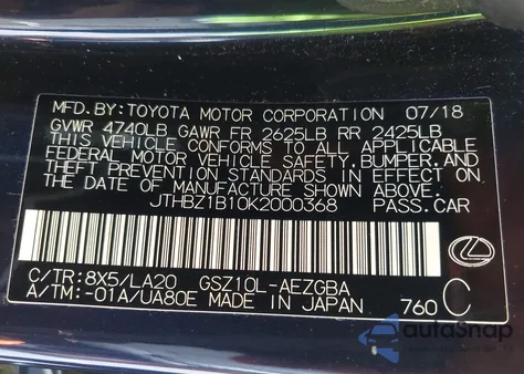 2019 Lexus Es 350 from USA, damaged, VIN JTHBZ1B10K2000368